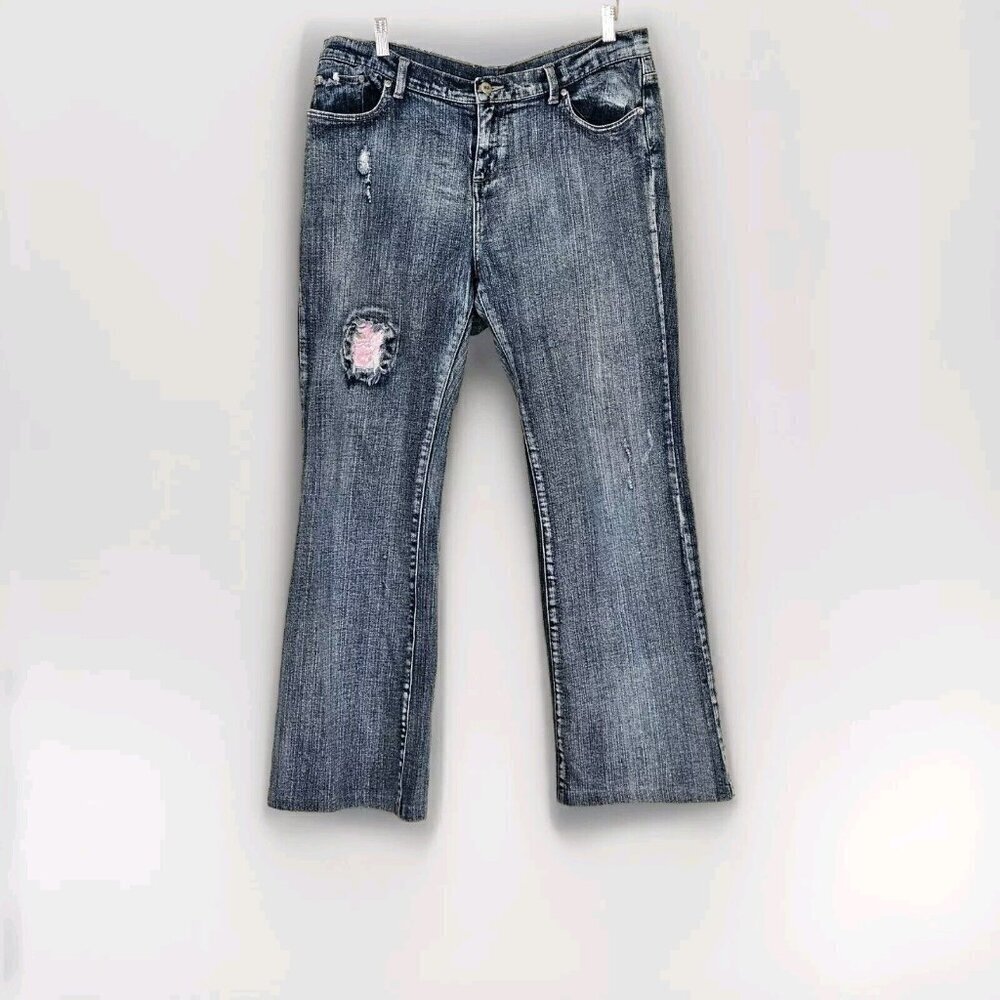 RR Jeans Womens 14/L Blue Zip Fly Distressed Embroidery Boho Shabby Chic Pockets